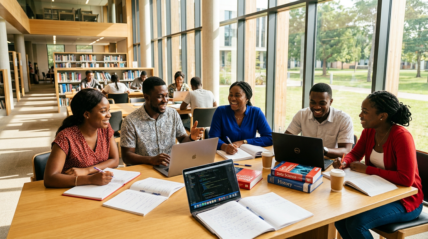 Black university students collaborating in a campus library