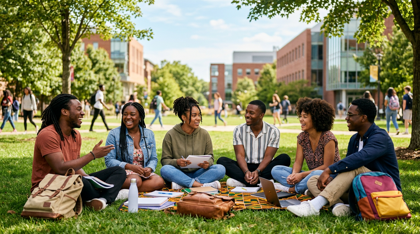 Black university students sitting together outdoors
