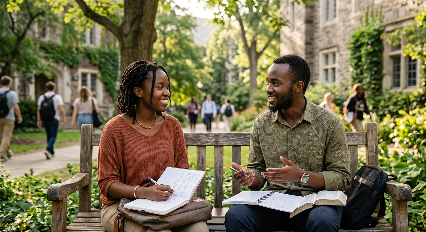 Two Black university students chatting outdoors